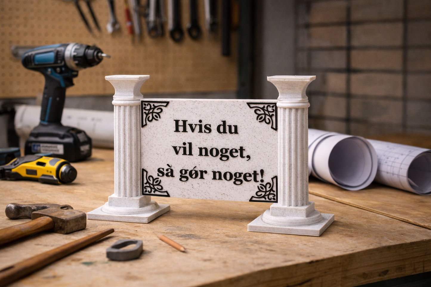 3D-printet citatskilt med søjler – “Hvis du vil noget, så gør noget”