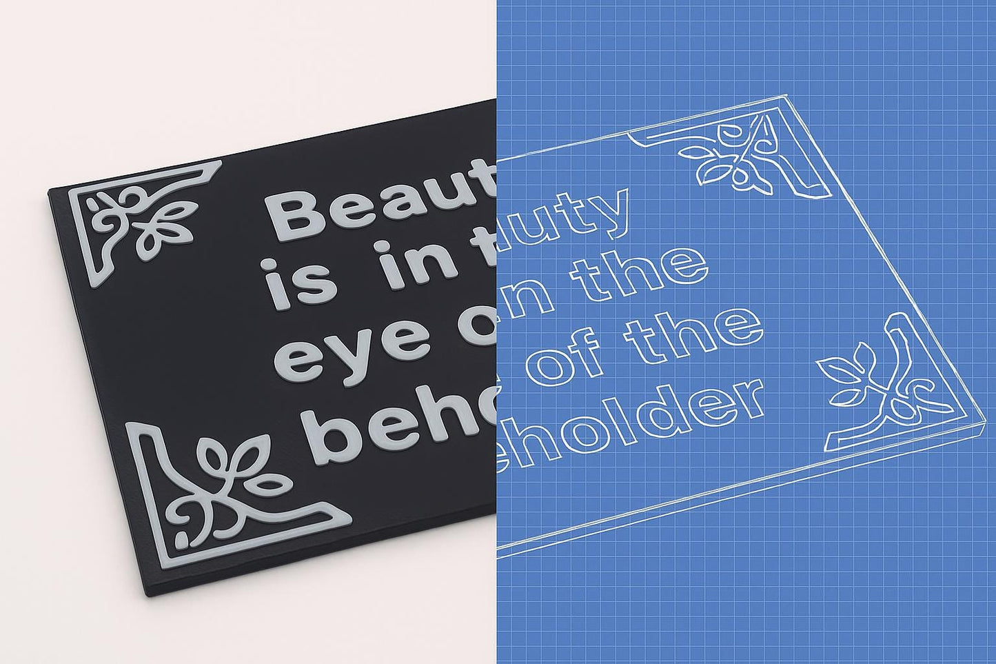 Two decorative signs with text and floral designs on a white and blue background