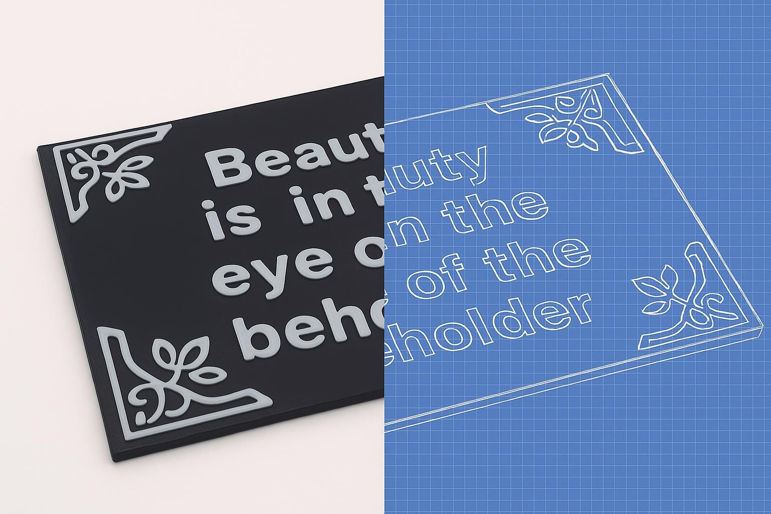Two decorative signs with text and floral designs on a white and blue background