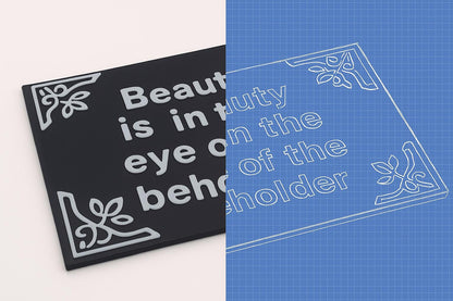 Two decorative signs with text and floral designs on a white and blue background